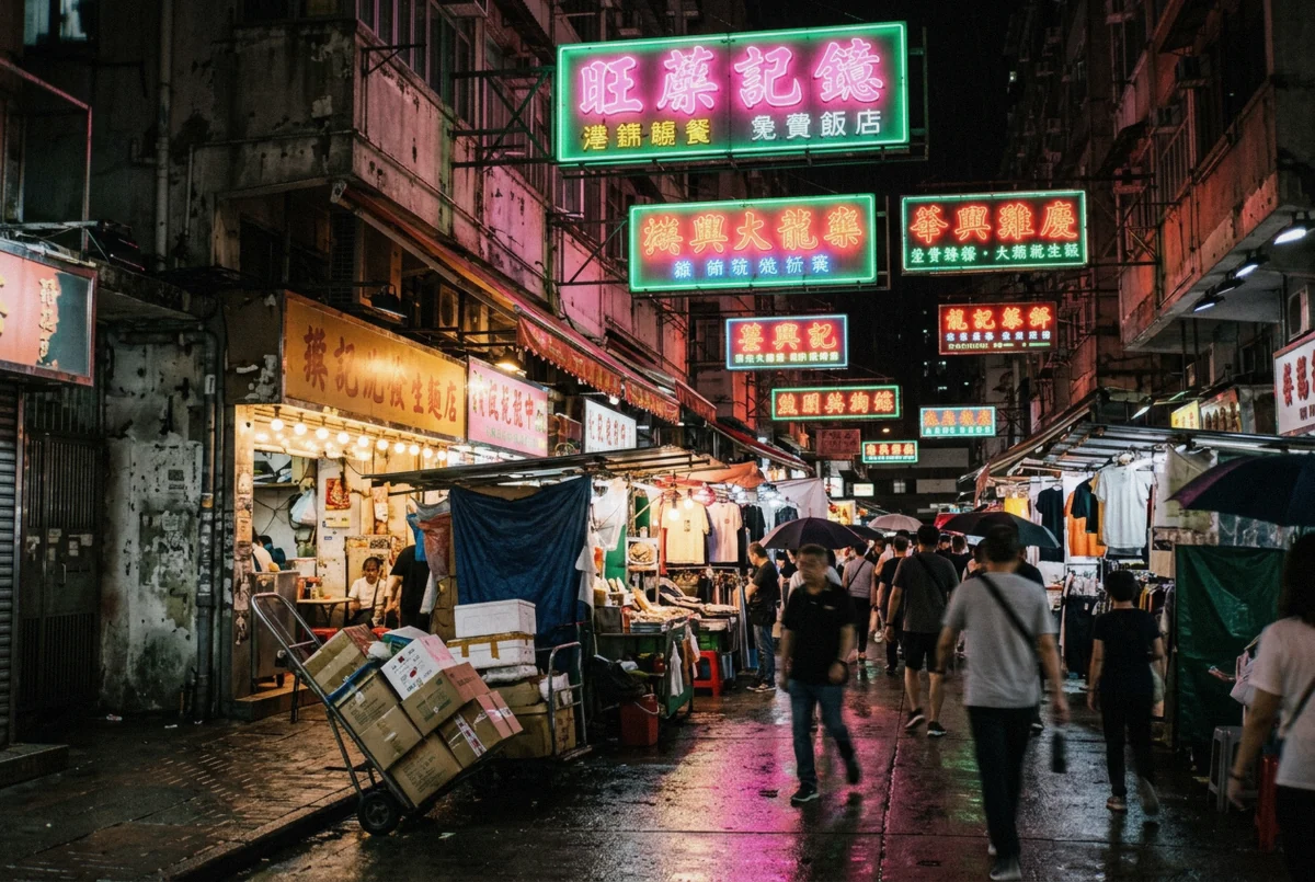 Neon signs above a crowded Mong Kok street, the first location named for this Hong Kong street photoshoot