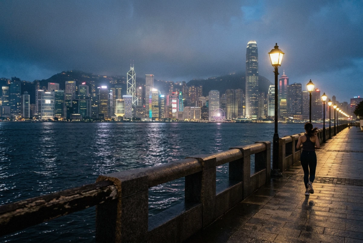 Victoria Harbour skyline from the Tsim Sha Tsui promenade at blue hour, the Modern City route of this Hong Kong photoshoot package