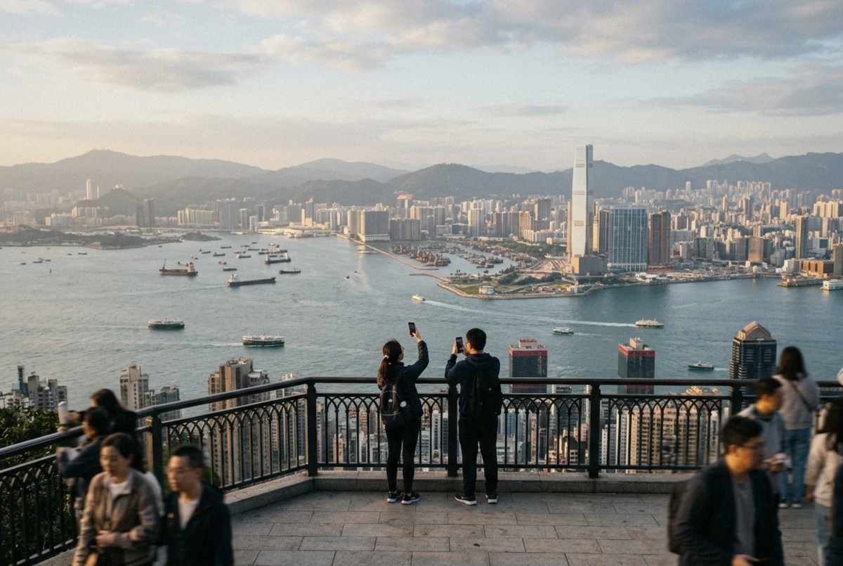 The Hong Kong skyline and Victoria Harbour seen from Victoria Peak at blue hour, the view this Victoria Peak photo tour is timed for